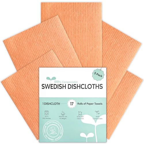 Swedish Dishcloths for Kitchen, 5 Pack Swedish Dish Cloths, Ultra Absorbent Reusable Paper Towels, Cellulose Sponge Cloths, Quick Drying, No Odor, Dishwasher Safe Orange - color: Orange