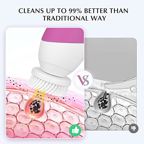 COSLUS Facial Cleansing Brush Silicone Face Scrubber: 2 in1 FBS-D Electric Exfoliating Device Waterproof Deep Cleaning Exfoliation Rotating Spa Machine - Electronic Skincare Wash Spinning System - color: Bright Rose, size: With 2 brush heads