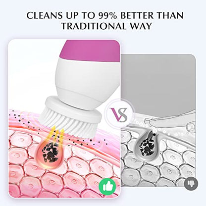 COSLUS Facial Cleansing Brush Silicone Face Scrubber: 2 in1 FBS-D Electric Exfoliating Device Waterproof Deep Cleaning Exfoliation Rotating Spa Machine - Electronic Skincare Wash Spinning System - color: Bright Rose, size: With 2 brush heads