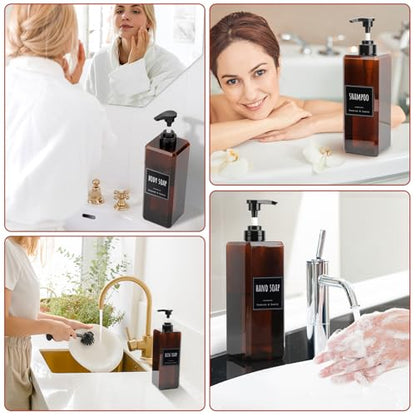 Segbeauty 33.8oz Amber Soap Dispenser Empty, 2pcs Large Plastic Pump Bottle Dispenser with Labels, Square Pump Bottles for Shampoo and Conditioner, 1000ml Bathroom Body Wash Container Refillable - color: Amber, style: 2pcs