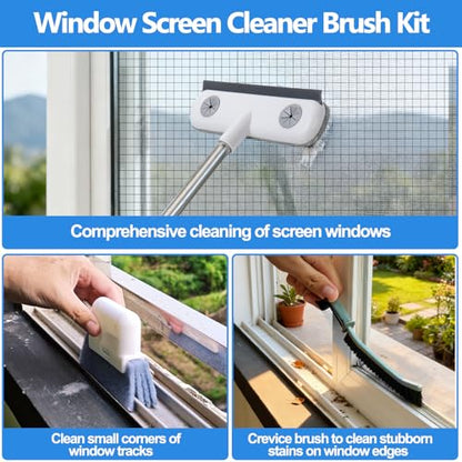 XANGNIER Window Screen Cleaner & Track Cleaning Kit-Mesh Screen Cleaner Brush with Extension Pole,Window Sill and Track Cleaner Tool Washing Equipment,28″Detachable Long-Reach Handle,Wet&Dry Dual-Use