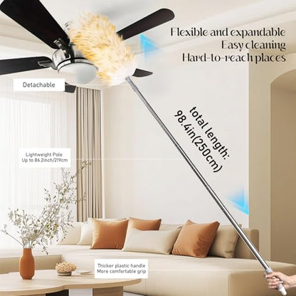 Lambswool Duster for Cleaning with Non-Slip Handle 98.4" Removable Retractable Feather Duster for Cleaning Ceiling Fans Window Blinds Interior Roof Furniture(1PCS) - size: 98.4Inch