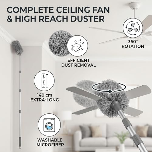 Extendable Long Handle, Ceiling Fan Blade Cleaning Tool Reusable Washable Microfiber Mop Microfibre Duster for high Ceilings, Cobweb Telescopic Extension Pole kit, Duster