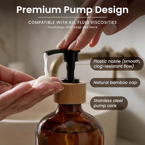 MaisoNovo Glass Hand Soap Dispenser | Dish Soap Dispenser for Kitchen | 16.9oz Amber Bottles with Black Bamboo Pump | Bathroom Lotion Dispenser - color: Single Amber Bottle/Black Bamboo Pump