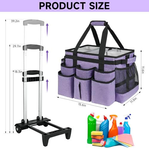 Large Rolling Cleaning Caddy Bag with Detachable Trolley,Cleaning Cart on Wheels with Shoulder Strap,Cleaning Supplies Organizer for Housekeepers,Purple - color: Purple