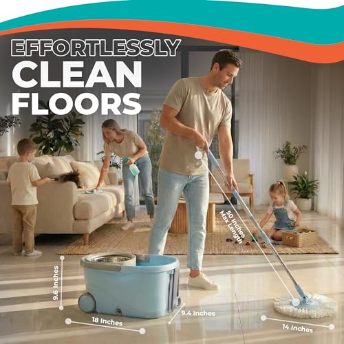 Grazie Spin Mop & Bucket Set - 360° Self-Wringing System with Wheels, Stainless Steel Handle - Hands-Free Floor Cleaning for Hardwood, Tile, Laminate - Includes 4 Washable Microfiber Mop Head Refills - size: Light Blue Mop Bucket + 4 Mop Heads