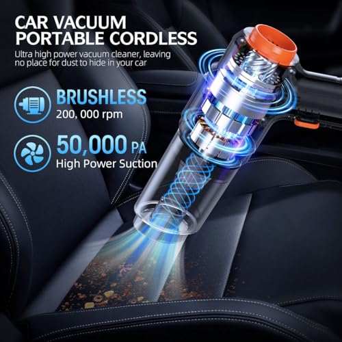 Portable Cordless Car Vacuum - 50,000Pa High-Power Brushless Motor, Rechargeable Handheld Vacuum Cleaner with 2 Batteries & Charger, 6-in-1 Vacuum Cleaners for Home, Keyboard, Pet Hair, Black