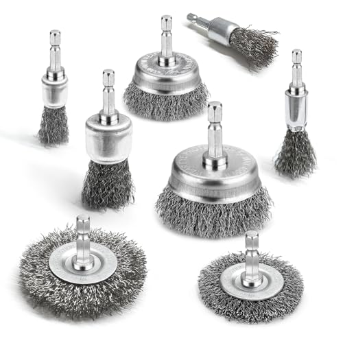 8 Pcs Stainless Steel Wire Wheel Brush Set for Drill with 1/4 Inch Hex Shank for Rust Removal, Corrosion and Scrub Surfaces, and Paint Stripping, for Auto Repair, Metalworking, and DIY - size: 8PCS
