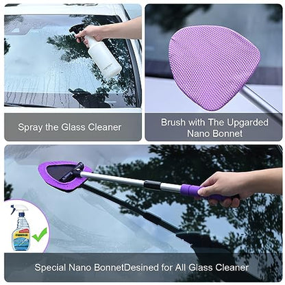 XINDELL Windshield Cleaner Tool – 24” Extendable Car Window Cleaner for Interior & Exterior Glass, Long Handle for Hard-to-Reach Areas, 4 Microfiber Pads & Spray Bottle, Car & Home Glass Kit