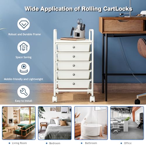 5-Tier Rolling Cart with 5 Drawers, Rolling Utility Cart with 2 Lockable Caster Wheels, Multipurpose Mobile Rolling Storage Drawer Cart for Office Bathroom Kitchen, Ivory White - size: White, 5-Tier