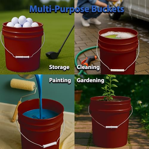 MKS Plastics 5-Gallon Bucket with Airtight Lid – Made in USA, Food Grade BPA Free Plastic, Heavy Duty Multi-Use, Metal Handle with Grip, Stackable Storage – Burgundy, 6 Pack - color: Burgundy, size: 6