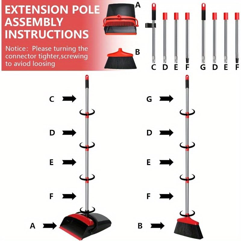 Broom with Dustpan Combo Set, 43” Long Handle Broom and Dustpan Set, Upright Standing Dust Pan for Home and Kitchen, Brooms for Sweeping Indoor（Black&Red）