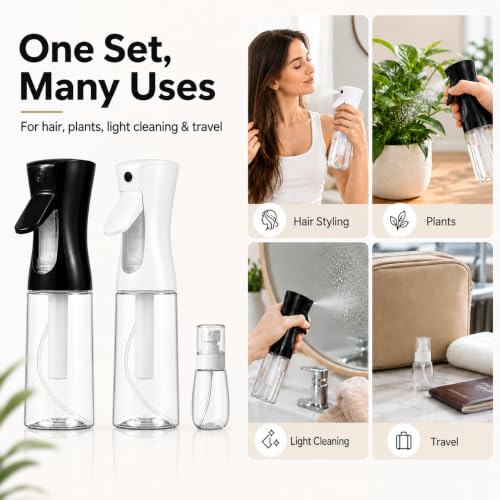 3 Pack Spray Bottles, Continuous Mist Sprayer, Water Spray Bottle for Hair, Hair Mister, 200ml x2 + 30ml Refillable Fine Mist Set - for Styling, Plants, Cleaning & Home Use (Black & White) - color: Black+White