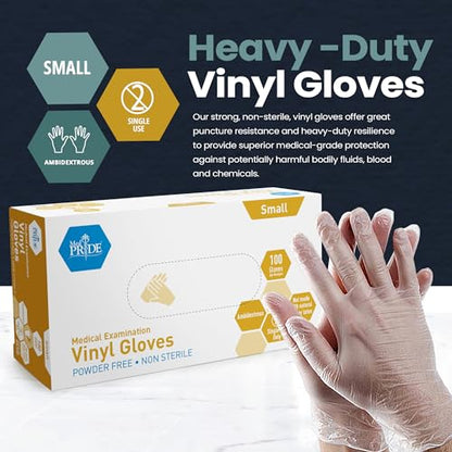 MED PRIDE Disposable Medical Grade Vinyl Exam Gloves, Latex & Powder Free, Ultra-Strong, for Healthcare & Food Handling (sMALL (Pack of 100) 100 Clear) - size: Small (Pack of 100)