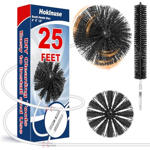 HOKLNUSE Dryer Vent Cleaner Kit Ducts Cleaning Kit for Dryer Air Duct HVAC Vent Fireplace Chimney Pellet Stove Gutter Downspout Dryer Vent Lint Removers with 1.5" 4" 6" Brush Heads (25 Feet) - size: 25 feet