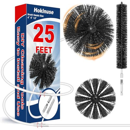 HOKLNUSE Dryer Vent Cleaner Kit Ducts Cleaning Kit for Dryer Air Duct HVAC Vent Fireplace Chimney Pellet Stove Gutter Downspout Dryer Vent Lint Removers with 1.5" 4" 6" Brush Heads (25 Feet) - size: 25 feet