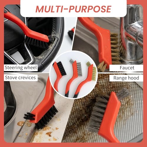 6 Pack Wire Brush Set, Stainless Steel Brass Nylon Cleaning Brushes, Small Detail Crevice Brushes for Rust Removal, Grout, Kitchen, Stove, Sink, Tile, Car Detailing, Heavy Duty Scrub Brush Set