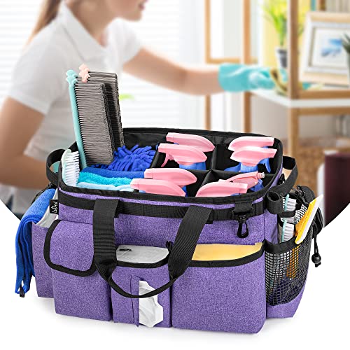 LoDrid Large Wearable Cleaning Caddy Bag with Detachable Divider, Cleaning Supply Tote Organizer with Handles and Adjustable Shoulder Strap for Cleaners & Housekeepers, Purple - color: Purple