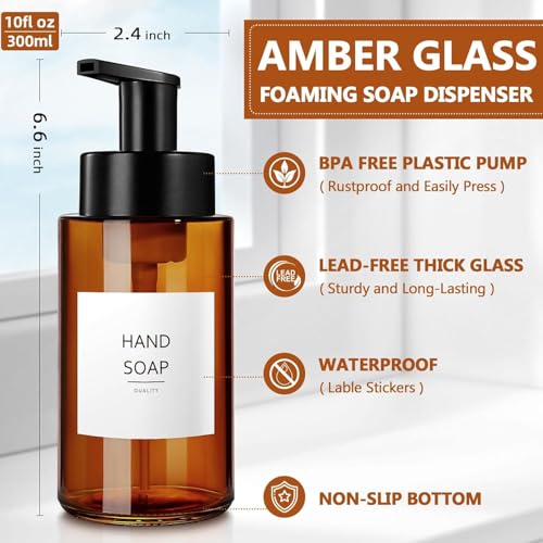 RYTOXILO Amber Foam Soap Dispenser, 10 oz/300ml Glass Foaming Soap Dispenser, 2 Pcs Foaming Hand Dispenser for Bathroom & Kitchen, Refillable Bottle with Waterproof Labels - color: Amber Bottle, size: 10 Fl oz