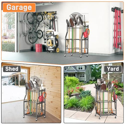 TORACK Garden Tool Organizer with Wheels, Rakes Shovels Yard Tools Stand for Garage, Shed, Garden, Indoor/Outdoor Long-Handled Tools Cart(Mid-size) - style: Mid-size Tool Stand