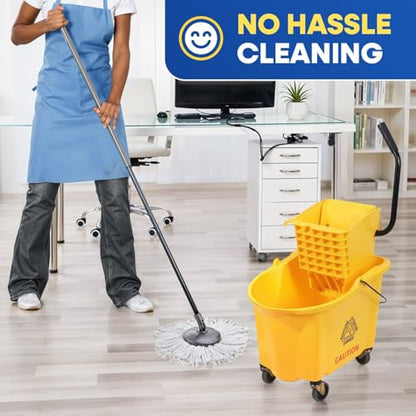 Plexon Commercial Mop Bucket with Wringer on Wheels - 26 Quart, Yellow - Heavy Duty Industrial Mop Bucket and Wringer, Side-Press Bucket with Wringer Set for Home Office Restaurant Business
