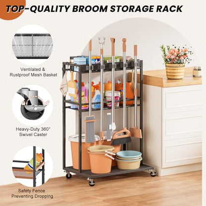 Broom Holder with Cleaning Supplies Organizer, Broom Closet Storage Cabinet with Mop Hanger Gripper Rack Hooks, Cleaning Housekeeping Janitorial Cart with Cleaning Caddy, Laundry Room Organization - size: Regular