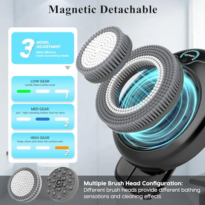Electric Back Scrubber for Shower - Wall Mounted Exfoliating Brush, Hands-Free Automatic Body Scrubber, IPX7 Waterproof, 3-Speed Adjustment, 3 Replaceable Heads with 50pcs Disposable Shower Caps-Black - color: Black