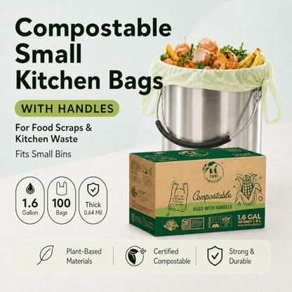 UNNI 1.6 Gallon Compostable Trash Bags with Tie Handles, 100 Count Small Food Scrap Kitchen Compost Bags for Countertop Bin, Certified by BPI, CMA & OK compost HOME, Meets ASTM D6400 - size: 100 Count (Pack of 1), style: 1.6 Gallon