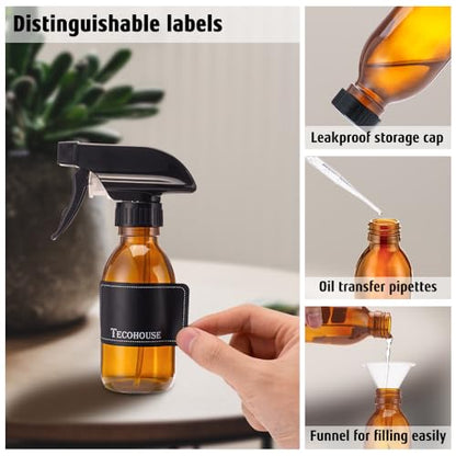 Tecohouse Glass Spray Bottles 4 OZ, Amber Empty Spray Bottle for Essential Oils, Small Glass Bottles for Cleaning Solutions, Plants, with Durable Nozzle, Labels, Funnel, Pipettes - color: Amber