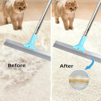 Lazyfeel Pet Hair Remover for Carpet & Upholstery, Adjustable Handle | Double-Sided Rubber Carpet Rake for Dog & Cat Fur. 4-Piece Kit: Rake, Mini Brush, Gap Scraper, Grooming Glove. Reusable.