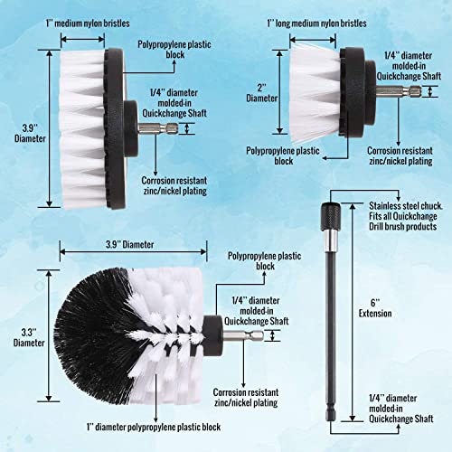 HUAWELL 8 Piece Soft White Drill Brush with Extend Attachment Set-Car Interior Detailing Kit, All Purpose for Car, Boat, Seat, Carpet, Upholstery, Bathroom, Grout, Floor and Tile (White) - color: White