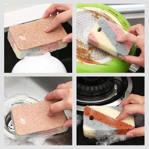 Double Sided Multi-Purpose Kitchen Cleaning Sponge, Great for Dishwashing and Stain Removal, Absorbent, Durable Coconut Fiber Side and Soft Sponge Side 5 Pcs Brown - color: Brown