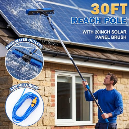 BreezeHug Solar Panel Cleaning Kit Water Fed Pole 24 FT, Extendable Telescopic Pole with 20" Brush, Soap Dispenser, Squeegee, Universal Adapter 40 FT Hose, Solar Panels, Window Siding