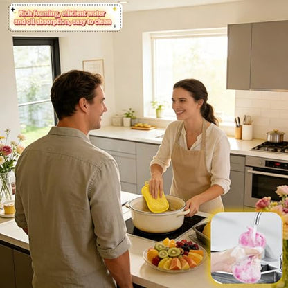 Dual-Sided Kitchen Scrubbing Sponges, Heavy Duty Non-Scratch Cleaning Sponges, Extra Thick Dual-Sided Sponge with Hooks – Lint-Free & Durable for Pots, Pans, Glass, Stainless Steel & Grills