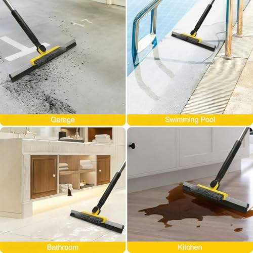 Floor Squeegee Scrubber, Squeegee Broom with 54” Adjustable Handle, Water Squeegee with Grout Brush,Shower Floor Scrubber for Garage Courtyard,Glass, Bathroom,Kitchen,Wall,Tile (YELLOW)