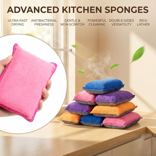 Non Scratch Microfiber Dish Scrubber - Kitchen Sponges 8 Pack Double-Sided Heavy Duty Dish Scrubber with High Density Foam for Washing Dishes, Pots & Sink Cleaning Reusable Sponge Set 4 Colors