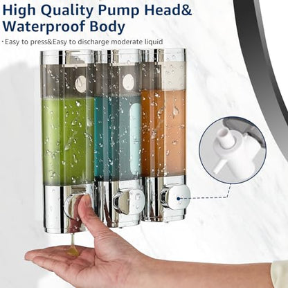 Pollock Shampoo and Conditioner Dispenser Wall Mounted, Shower Soap Dispenser 2 Chamber No Drill, Shampoo Dispenser for Shower, Body Wash Dispenser for Bathroom, Large Capacity, (Silver DG3 Chamber) - color: Silver Dg3 Chamber