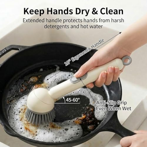 Soap Dispensing Dish Brush Set with 6 Adjustable Angles, No-Leak Kitchen Scrub Brush with Holder & Silicone Scraper, Heavy Duty Dish Wand for Pots, Pans, Sink & Countertop