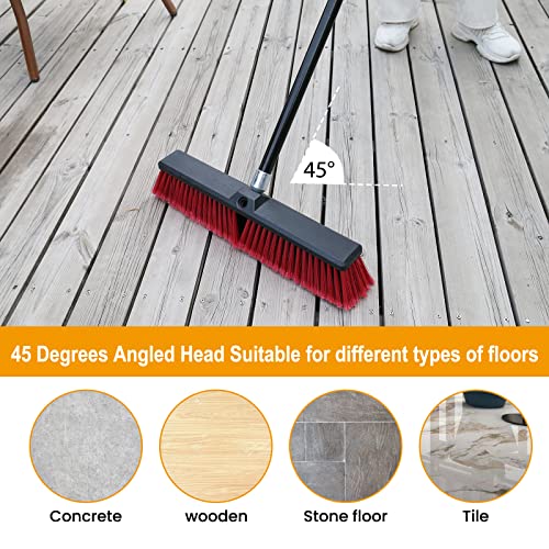 18 inches Push Broom Outdoor Garden Broom with 63" Long Handle for Deck Driveway Garage Yard Patio Concrete Floor Cleaning(Red) - color: Red
