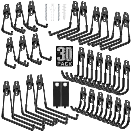 Heavy Duty Wall Mount Garage Hooks, 30-Pack | Hanging Storage for Bikes, Ladders, Hoses, Ropes, Garden Tools - For Warehouse, Workshop, Shed, Shop, Yard - color: 30 Pack Black