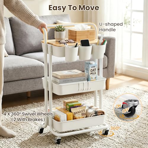 3 Tier Rolling Cart with Table Top, Utility Cart with Lockable Wheels, Hooks & Cup Holders, Multifunctional Rolling Storage Cart for Kitchen, Bathroom, Office, Bedroom, Craft, Living Room (White) - color: White