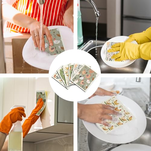Chicken Swedish Dishcloths for Kitchen, 6 Pcs Reusable Chick Swedish Dish Cloths, Absorbent Fast Drying Cleaning Sponge Cloths for Kitchen Cooking Farmhouse Home Decoration Housewarming Gifts - style: Chicken