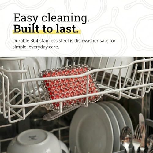 Lodge Chainmail Scrubbing Pad - Heavy Duty Stainless Steel Cast Iron Scrubber with Silicone Grip - Reusable Cleaning Pad for Cookware & Kitchen Essentials - Red | bike-oils