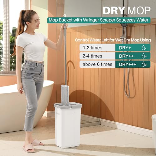 JOYMOOP Bathroom Cleaning Set, Mop and Bucket System with Toilet Brush Set, White, Microfiber Flat Mop for Household & Commercial Floor and Bathroom Cleaning - color: White Liteb131