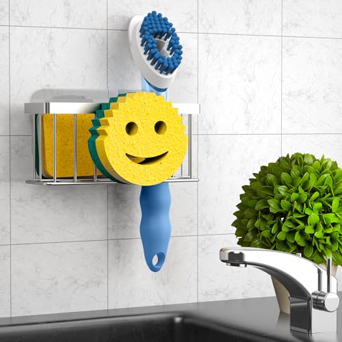 MURLONG Sponge Holder Smiley Face,Sink Caddy for Kitchen Sink,Sponge Holder with 2 PCS Suction Cups/1 PCS Adhesive Strips,Designed for Sponge,Soap,Dish Brush,Scrubber-Silver - color: Silver