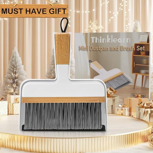 ThinkLearn Mini Dustpan and Brush Set, Bamboo Handle with Rubber Lip | Small Handheld Cleaning Set for Tight Spaces, Small Broom Dustpan for Home Car Camping - color: White