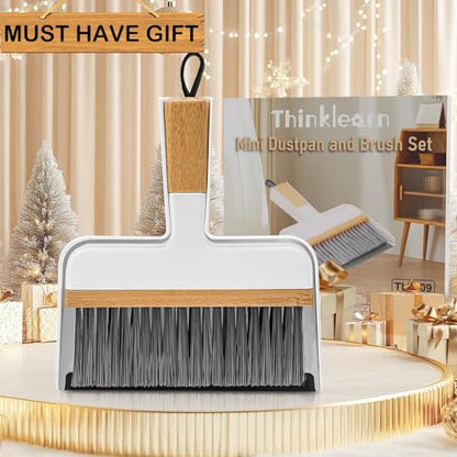 ThinkLearn Mini Dustpan and Brush Set, Bamboo Handle with Rubber Lip | Small Handheld Cleaning Set for Tight Spaces, Small Broom Dustpan for Home Car Camping - color: White