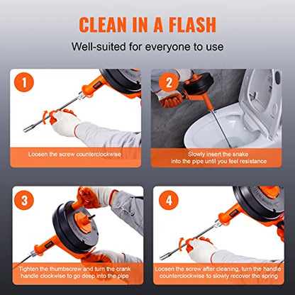 VEVOR Drain Auger 25Ft, Plumbing Snake with Drill Attachment, Plumbers Snake Drain Clog Remover for Kitchen Bathroom Shower Sink with Protective Hose and Gloves - style: Manual-Feed
