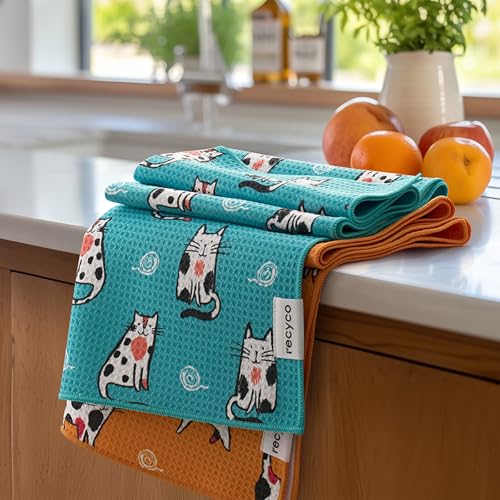 RECYCO Waffle Kitchen Towel Set of 2 - Quick Dry Microfiber Sustainable Dish Towels - Ultra Absorbent Reusable Cleaning Tea Towels - Lightweight Hand Towels,16”x 28”, Cuddly Cats - color: Cuddly Cats