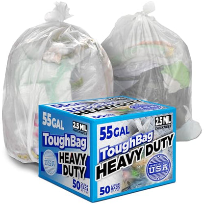 55 Gallon Trash Bags, 3 Mil Contractor Bags, Large Trash Can Liners, 38 x 58" For 55-60 Gallon Trash Cans - Outdoor, Construction, Lawn, Custodian, Landscape, Leaf - Made in USA - (CLEAR, 50 COUNT)